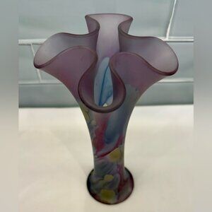 Rueven Nouveau Art Glass 9" Fluted Vase Watercolor USA